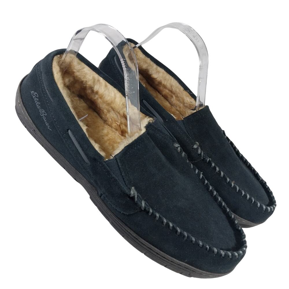 EDDIE BAUER! BLACK GENUINE SUEDE LEATHER MOC STYLE, PLUSH LINED SLIPPERS! SZ 13